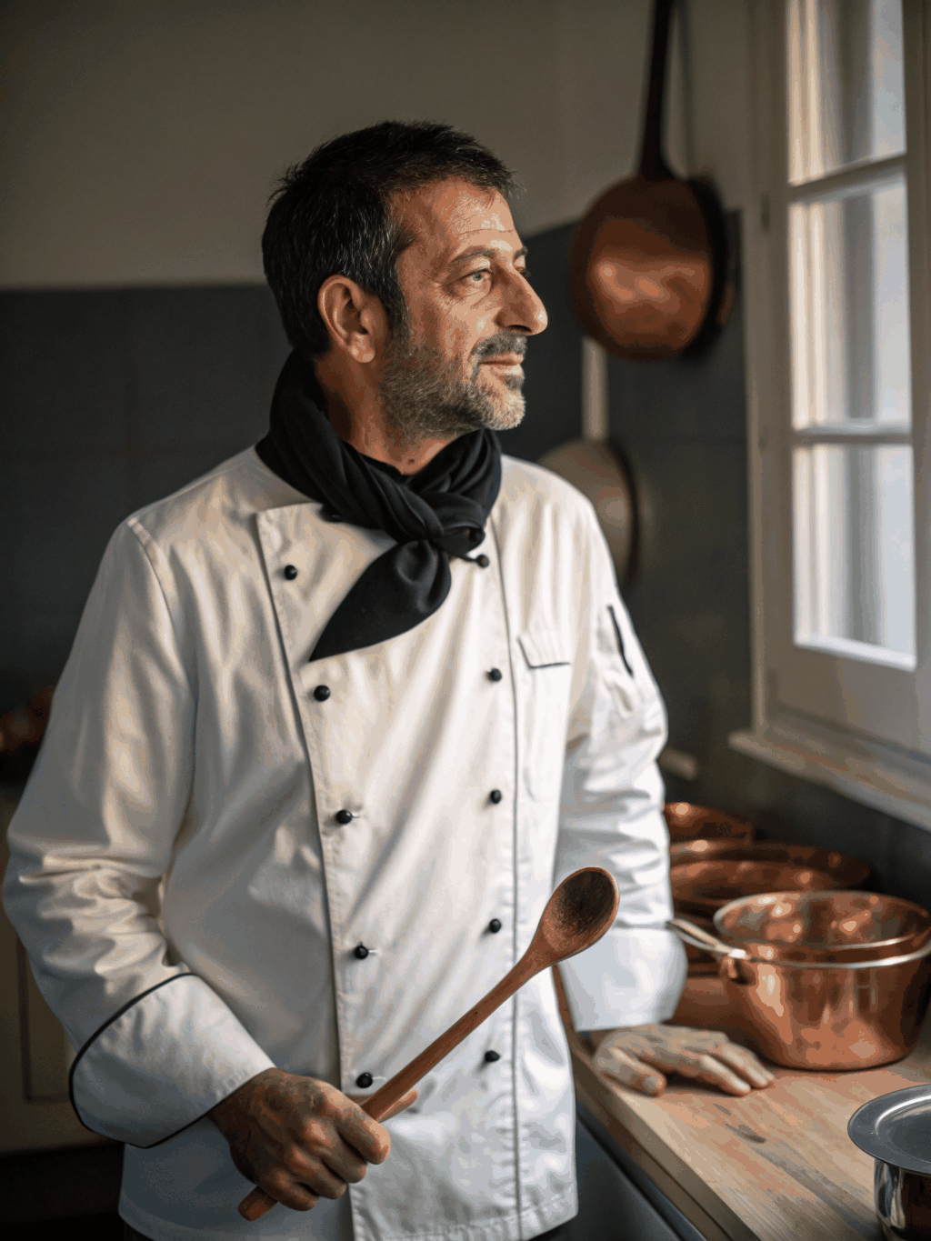 Portrait of Executive Chef Marco Rossi in professional kitchen attire