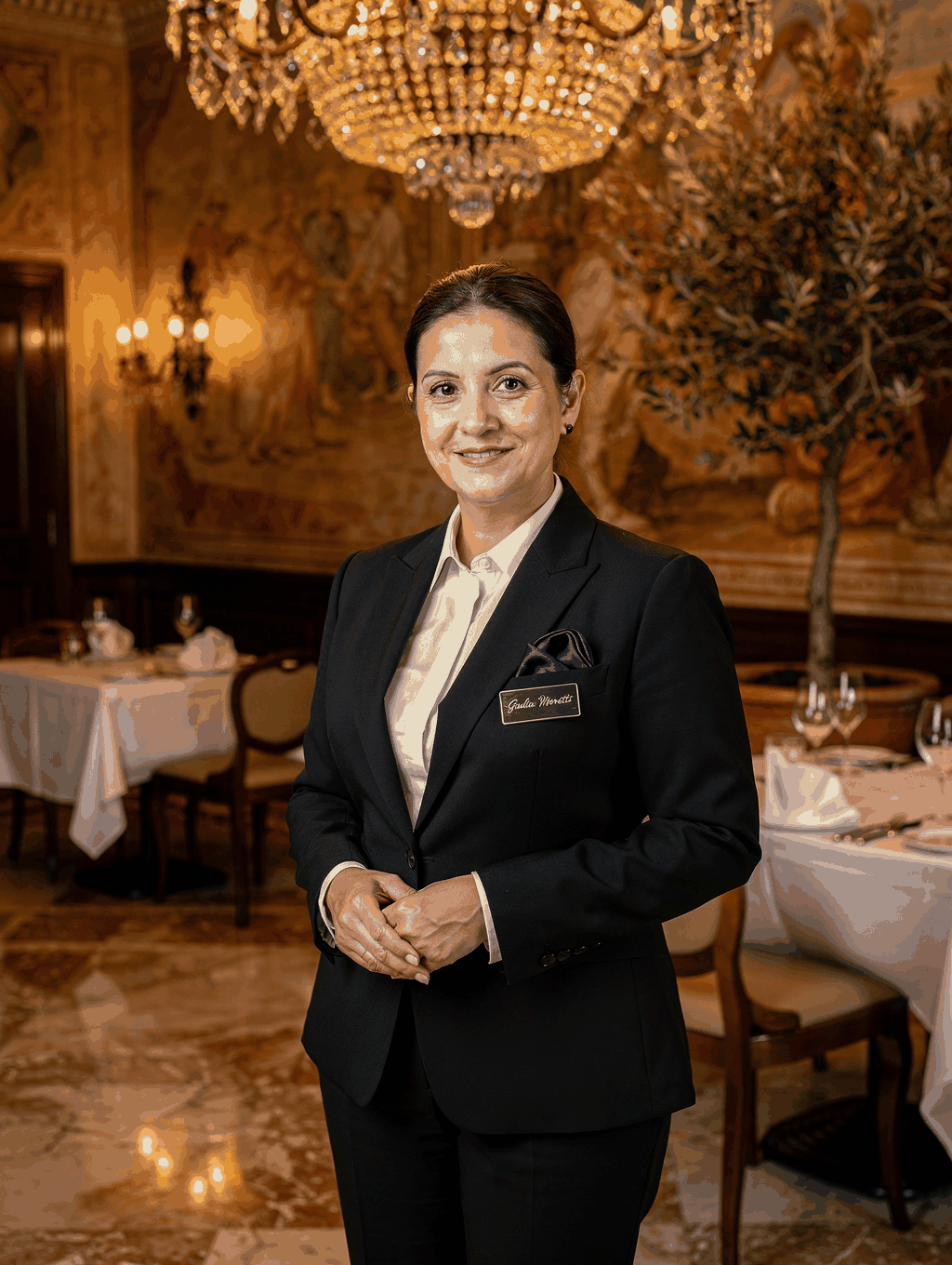 Portrait of General Manager Elena Bianchi welcoming guests