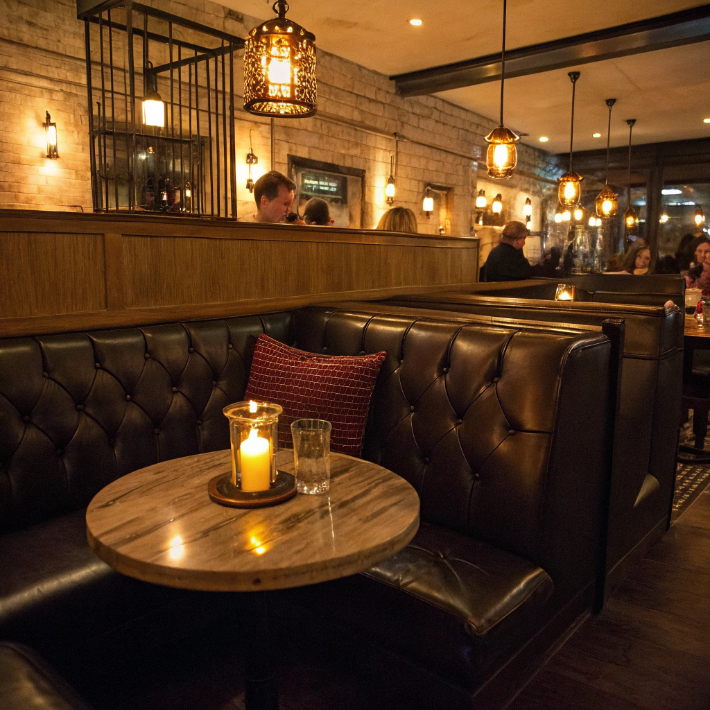 Cozy restaurant booth seating under warm ambient lighting
