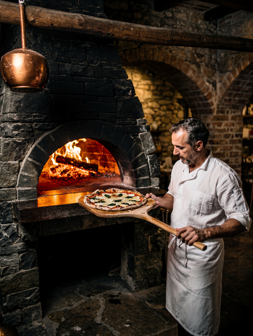 Wood-fired oven hearth with glowing embers in a professional kitchen