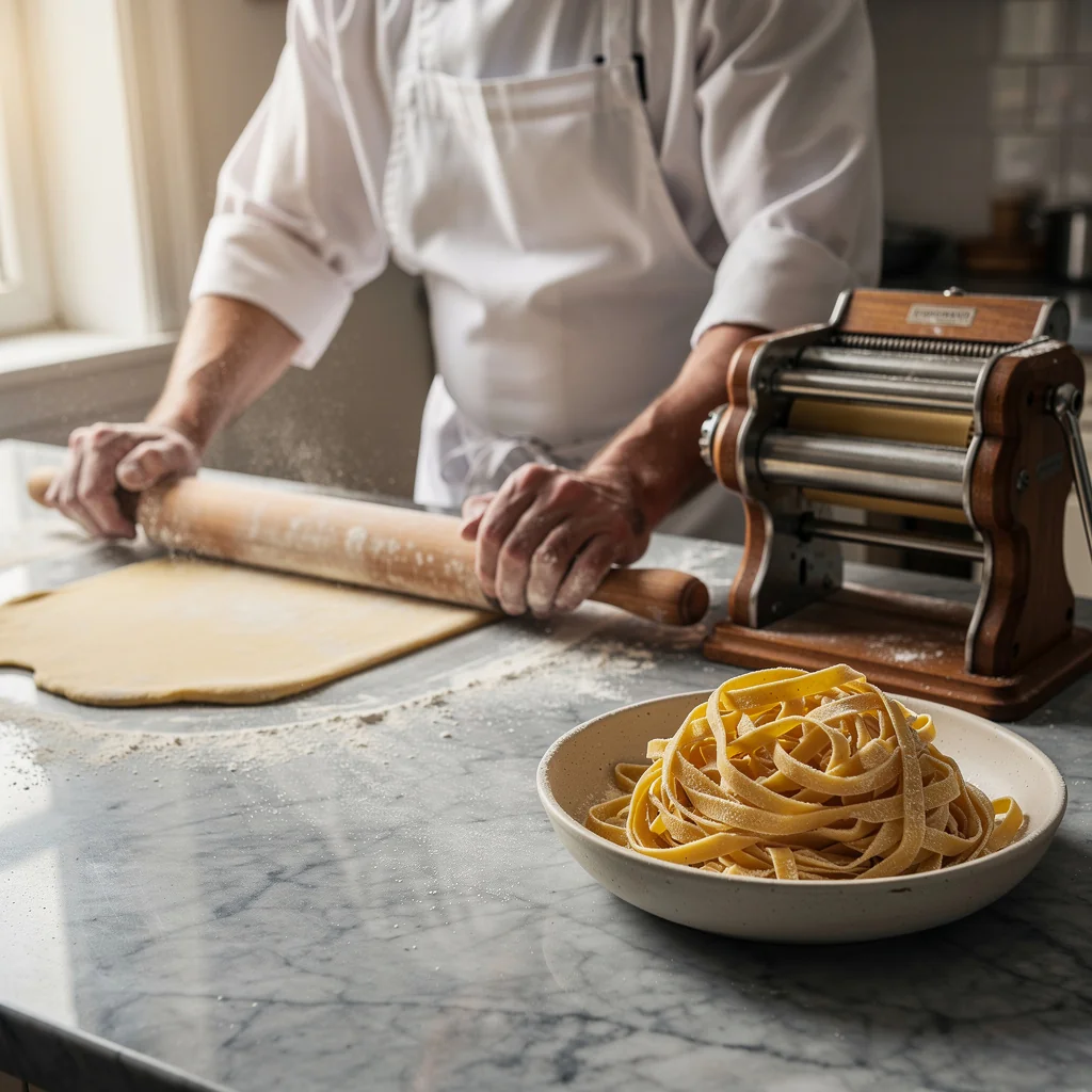 Chef preparing fresh handmade pasta on a marble kitchen counter
