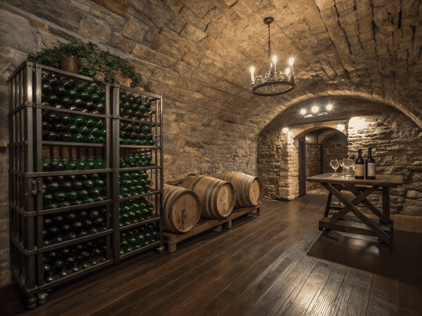 Rows of vintage Italian wine bottles stored in a rustic brick cellar